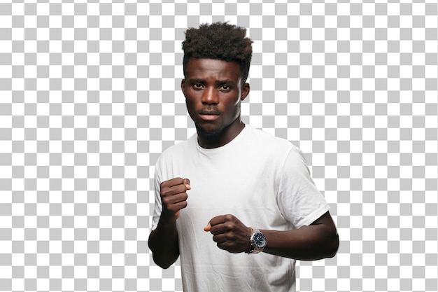 PSD young cool black man sign. cut out person against monochrome background