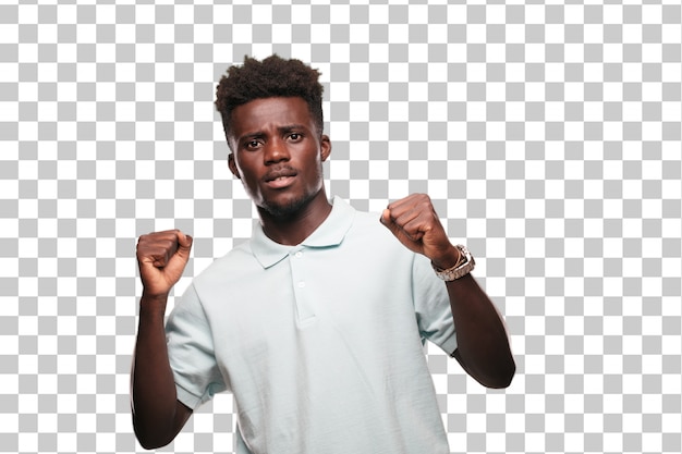 Young cool black man sign. cut out person against monochrome background