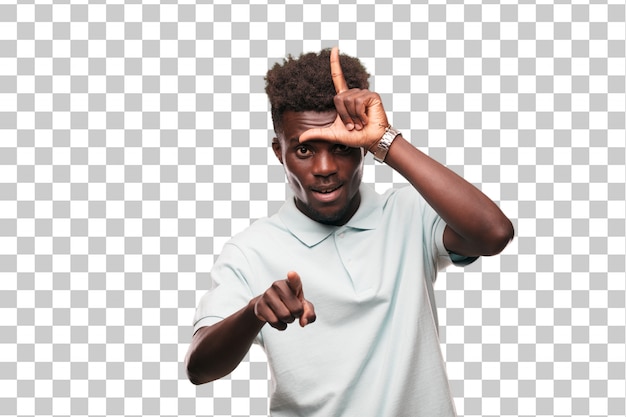 PSD young cool black man sign. cut out person against monochrome background