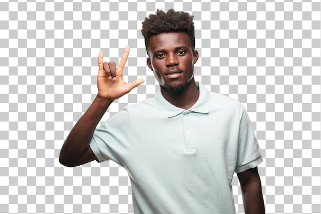 PSD young cool black man sign. cut out person against monochrome background