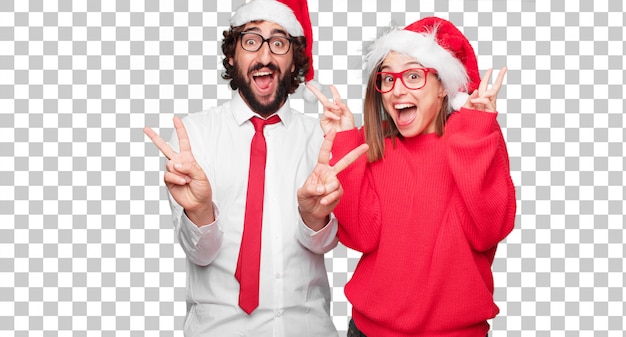 PSD young couple expressing christmas concept. couple and background in different layers