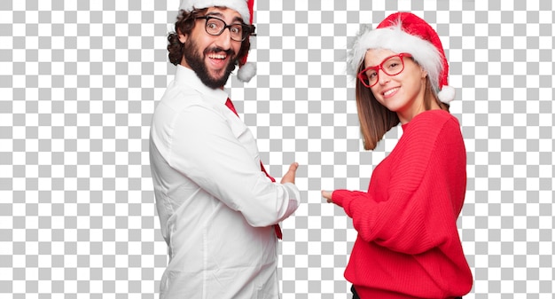 Young couple expressing christmas concept. couple and background in different layers