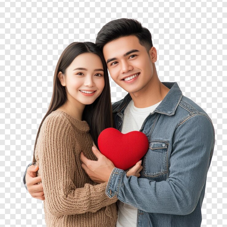 PSD young couple hugging and holding red heart valentines day concept front view isolate on transparent background