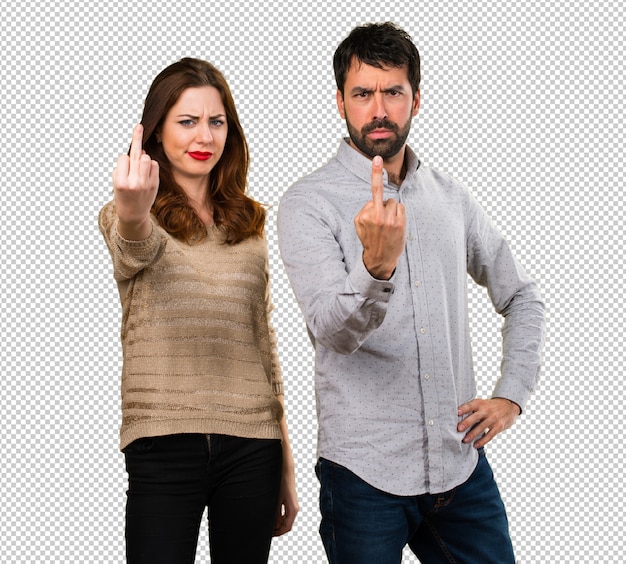 PSD young couple making horn gesture