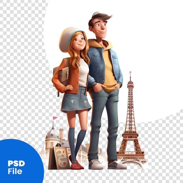 PSD young couple in paris with the eiffel tower in the background psd template