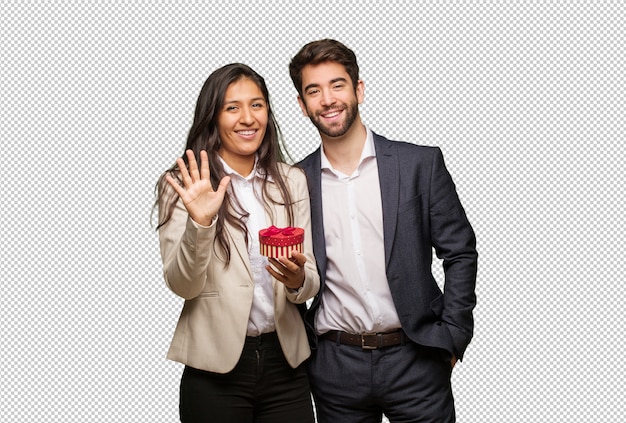 PSD young couple in valentines day showing number five