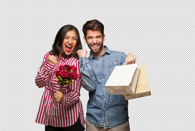 PSD young couple in valentines day surprised and shocked