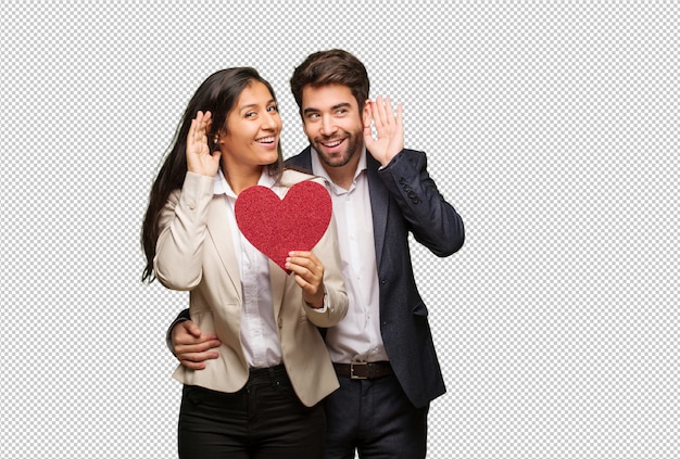 PSD young couple in valentines day try to listening a gossip