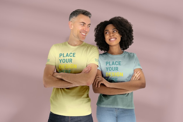 PSD young couple wearing t-shirt mockup