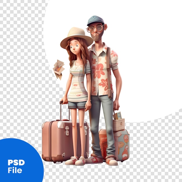 Young couple with suitcases isolated on white background full length portrait psd template