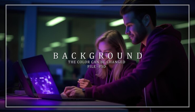 PSD young couple working on a laptop in a modern office