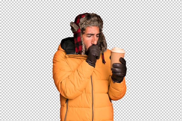 PSD young crazy bearded and expressive man cold and winter concept and wearing an anorak