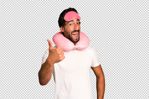 Young crazy bearded and expressive man flight passenger concept