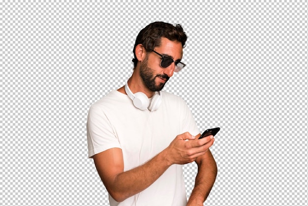 PSD young crazy bearded and expressive man using his telephone