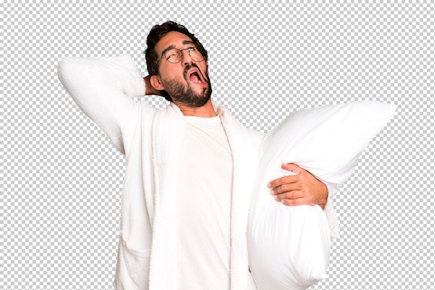 PSD young crazy bearded and expressive man wearing bathrobe and a pillow