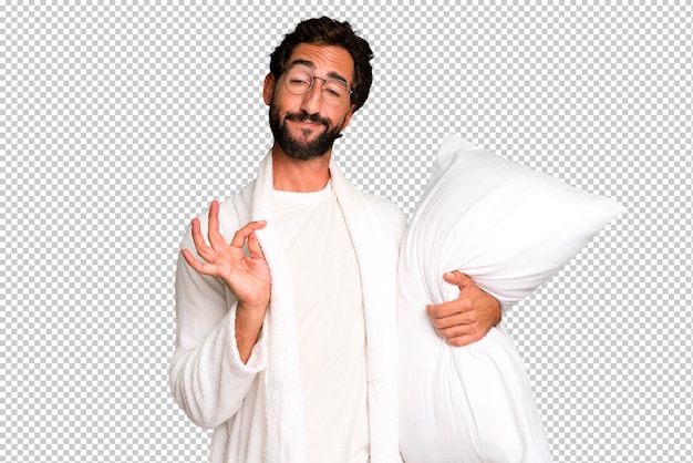 PSD young crazy bearded and expressive man wearing bathrobe and a pillow