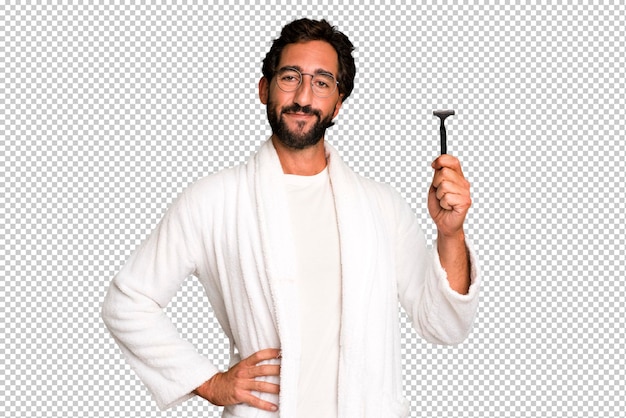 PSD young crazy bearded and expressive man wearing bathrobe and shaving beard concept