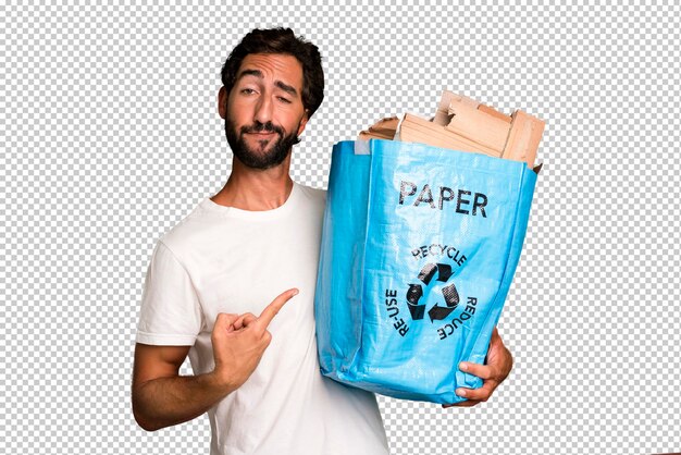 PSD young crazy bearded and expressive man with a bag to recycle