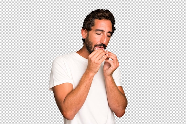 PSD young crazy bearded and expressive man with a cigarette