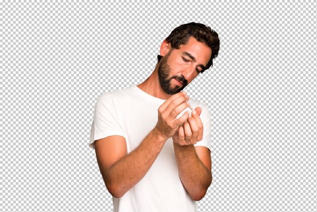 PSD young crazy bearded and expressive man with a cigarette