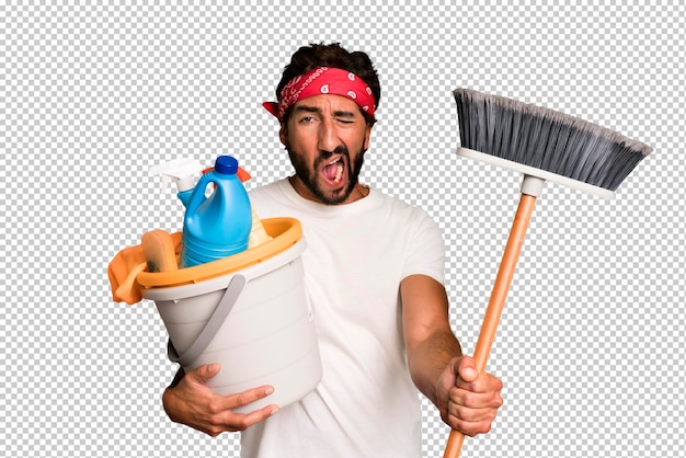 PSD young crazy bearded and expressive man with clean products housekeeper concept