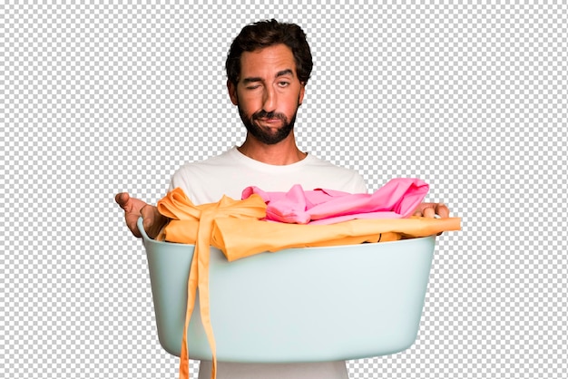 PSD young crazy bearded and expressive man with clothes to wash housekeeper concept