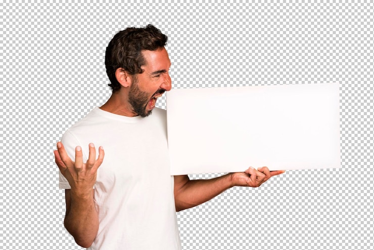 PSD young crazy bearded and expressive man with a copy space to the side