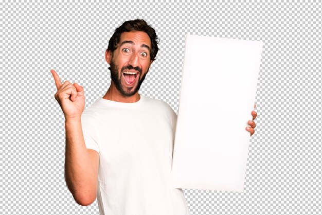 PSD young crazy bearded and expressive man with a copy space to the side