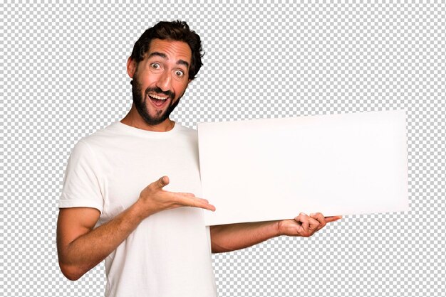 PSD young crazy bearded and expressive man with a copy space to the side