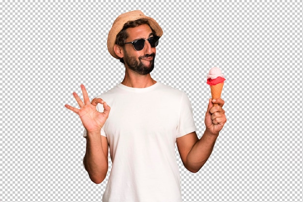 Young crazy bearded and expressive man with a hat sunglasses and holding an ice cream summer concept