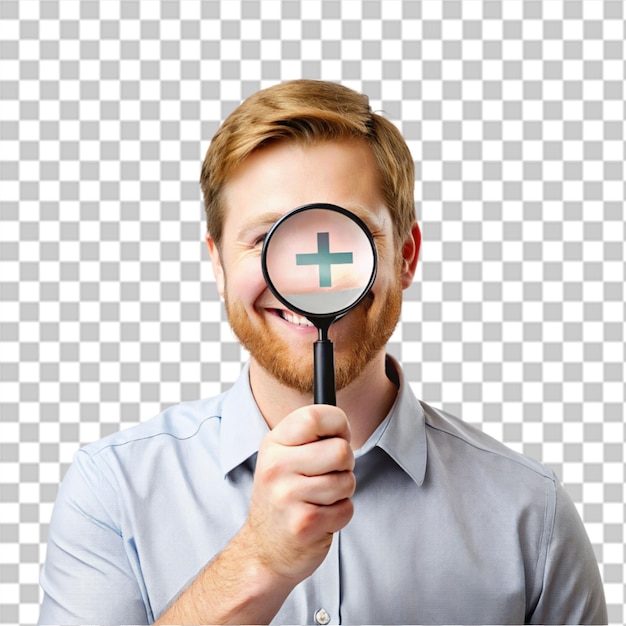 PSD young crazy bearded and expressive man with a magnifying glass search or find concept