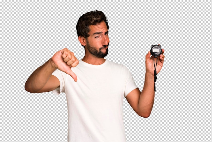 PSD young crazy bearded and expressive man with a stopwatch timer fast concept