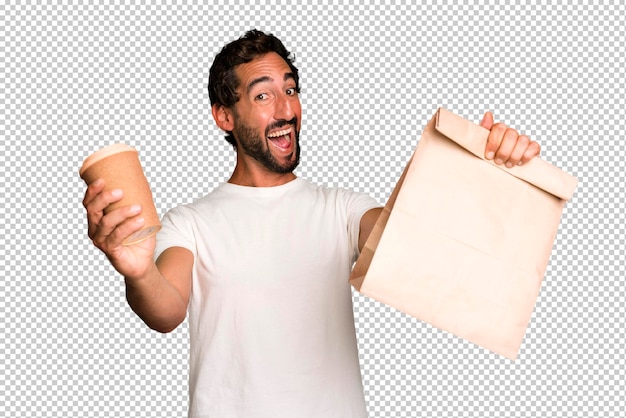 PSD young crazy bearded and expressive man with a take away paper bag