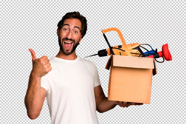 PSD young crazy bearded and expressive man with a toolbox handyman concept