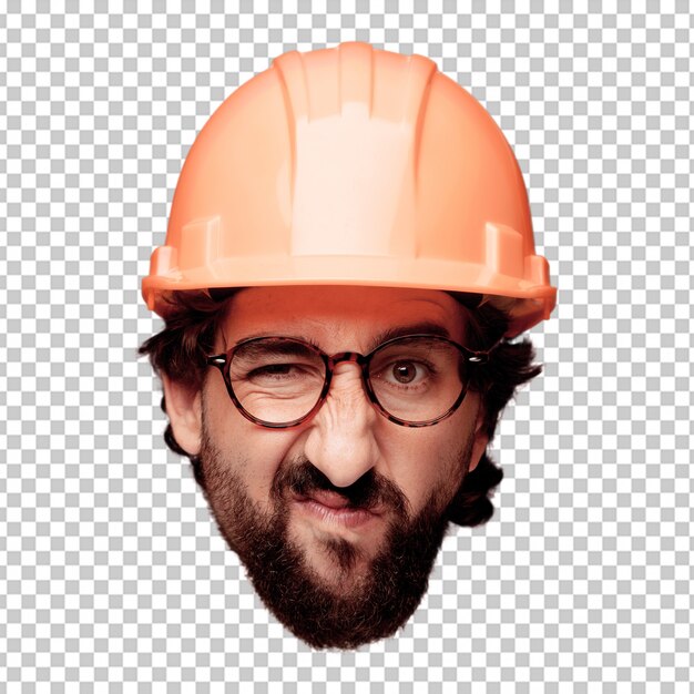 young crazy bearded man cutout head expression isolated. architect role. angry expression