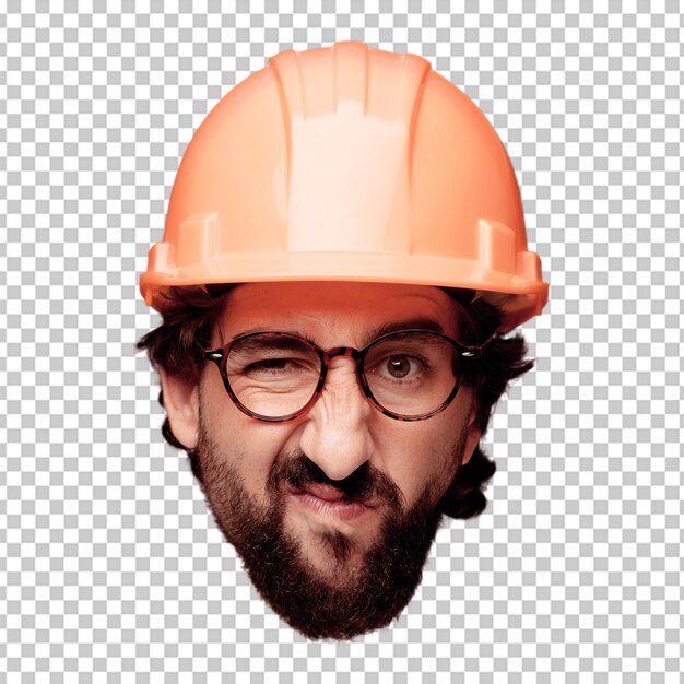 Young crazy bearded man cutout head expression isolated. architect role. angry expression