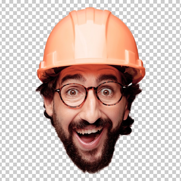 PSD young crazy bearded man cutout head expression isolated. architect role. happy pose