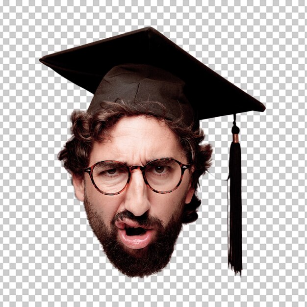 PSD young crazy bearded man cutout head expression isolated. graduate role. angry expression