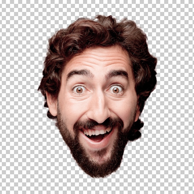 PSD young crazy bearded man cutout head expression isolated.. happy pose