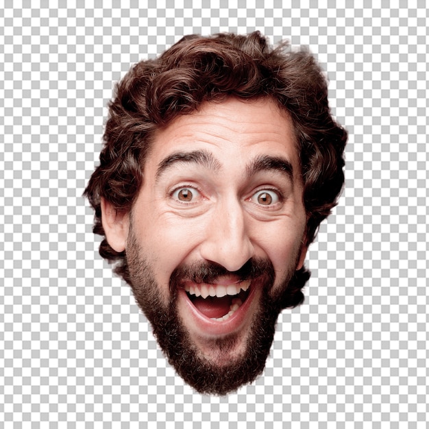 PSD young crazy bearded man cutout head expression isolated.. happy pose