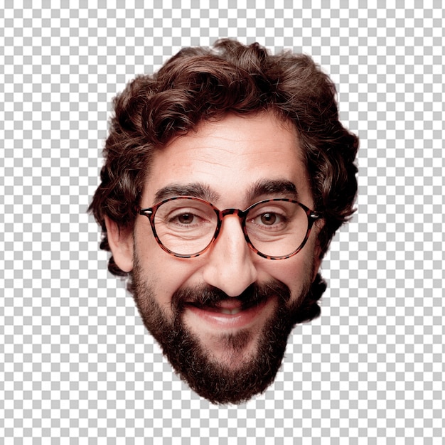 PSD young crazy bearded man cutout head expression isolated. hipster role with view glasses. happy pose