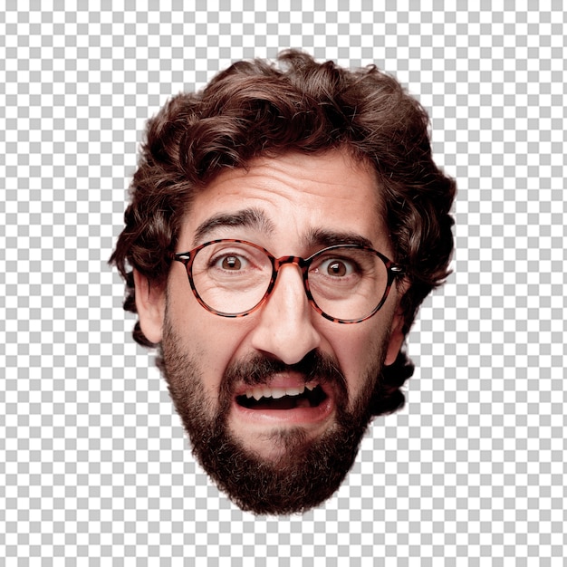 Young crazy bearded man cutout head expression isolated. hipster role with view glasses. sad concept