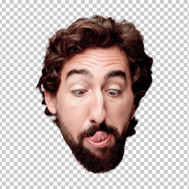 PSD young crazy bearded man cutout head expression isolated.. joking concept