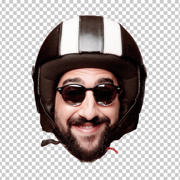 PSD young crazy bearded man cutout head expression isolated. motorbike rider role. happy pose