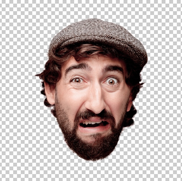 PSD young crazy bearded man cutout head expression isolated. wearing a beret. sad concept