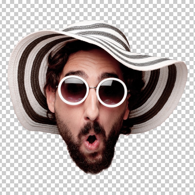 PSD young crazy bearded man cutout head expression isolated. with hut and sun glasses. scared concept