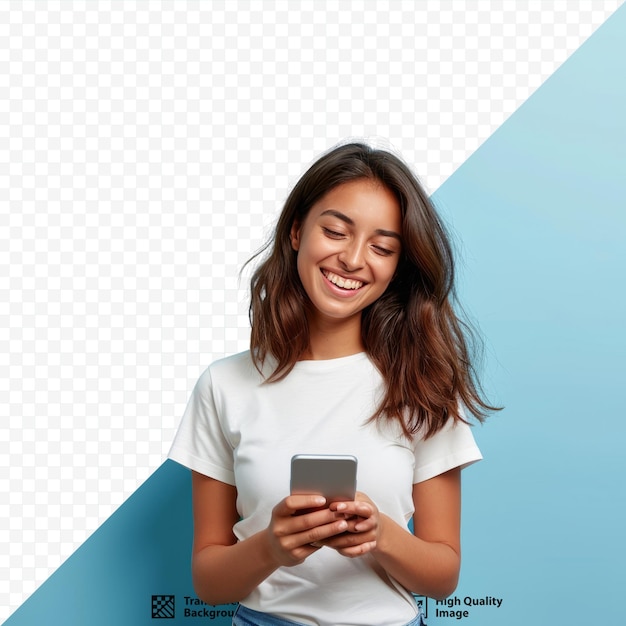 PSD young curious smiling happy pretty latin woman holding mobile phone doing online shopping on cell using apps on cellphone looking aside at copy space standing isolated on blue isolated backgrou