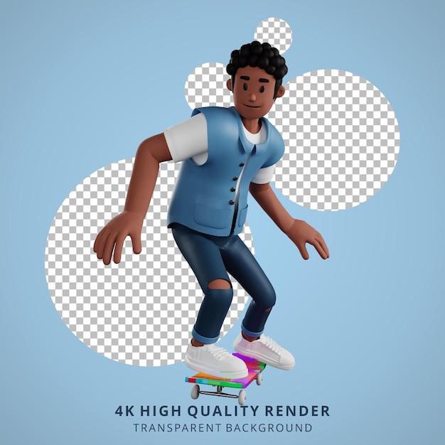 Young curly haired man skateboarding 3d character illustration