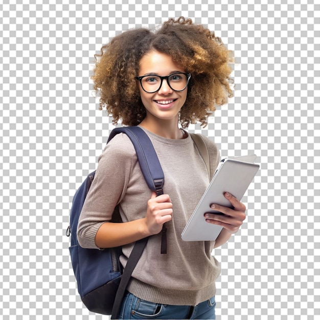 PSD young curly student woman wearing backpack glasses