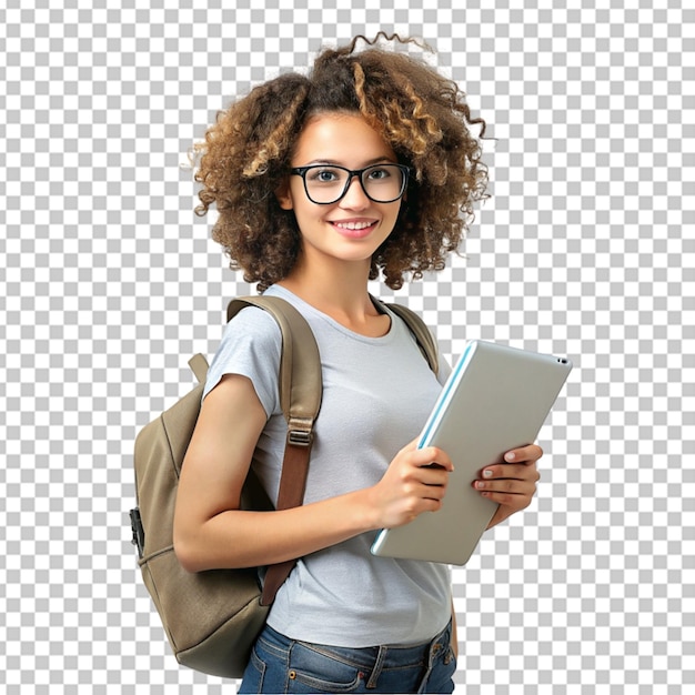 PSD young curly student woman wearing backpack glasses